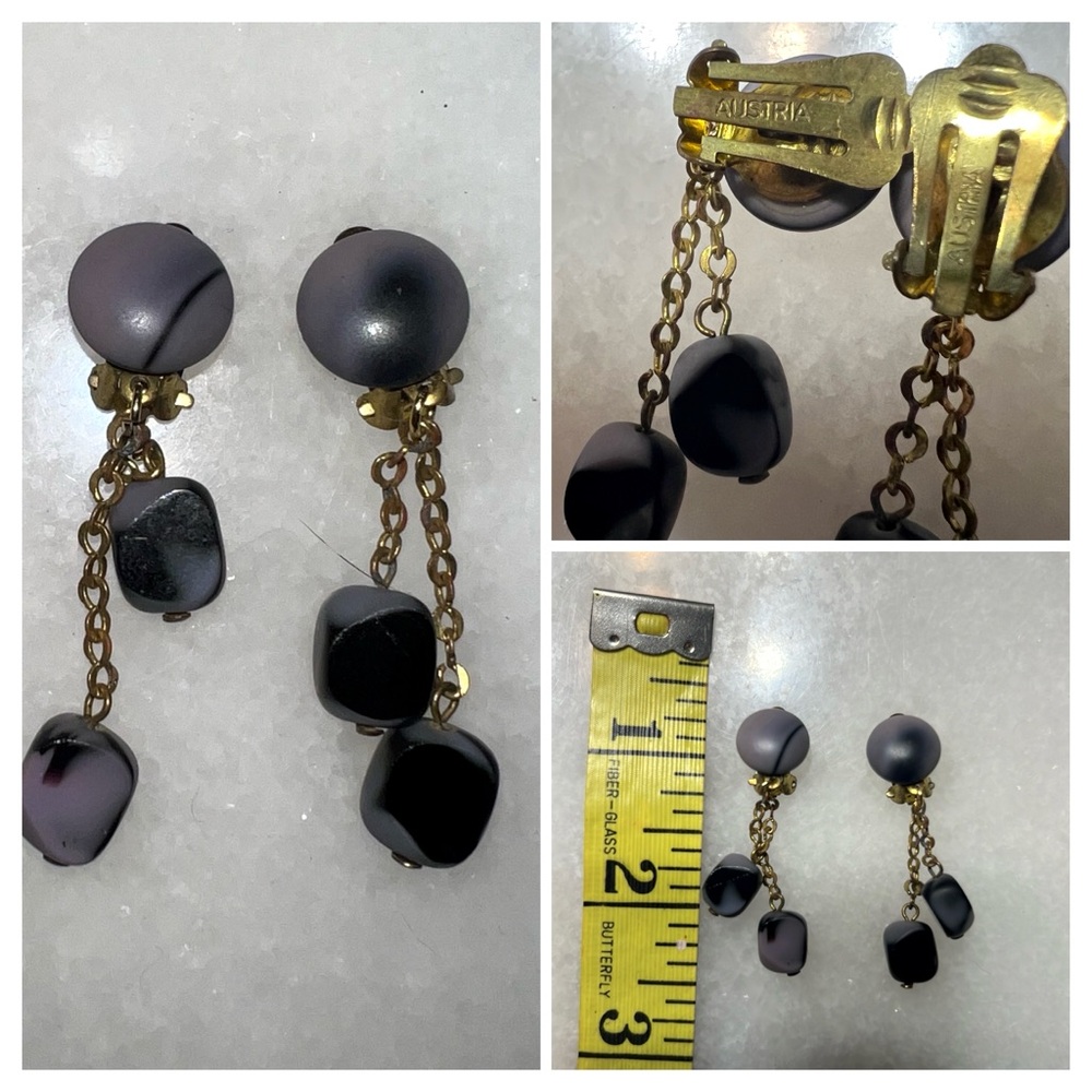 Vintage Austria Signed Purple Marbled Polished Stone Dangle Clip on Earrings